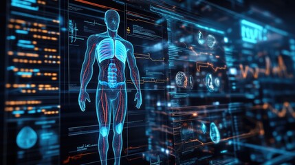 Poster - A cutting-edge medical interface with a digital human body and floating health metrics like temperature and blood pressure, highlighting futuristic healthcare technology