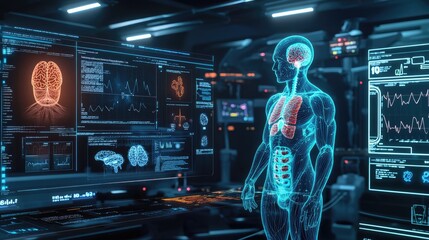 Poster - A cutting-edge medical interface with a digital human body and floating health metrics like temperature and blood pressure, highlighting futuristic healthcare technology