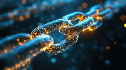 Poster - A futuristic representation of a digital chain link concept, glowing with energy, symbolizing blockchain technology and the future of secure data transactions