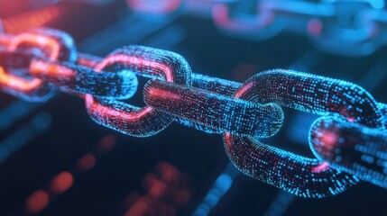 Poster - Glowing digital chain links on a network grid, symbolizing blockchain technology, with futuristic elements and high-tech data security features