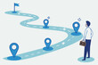 © Sector30 - Success roadmap journey, milestone or career path achievement, route or pathway to achieve goals, accomplishment, assessment or way to success, businessman look at achievement milestone to success.