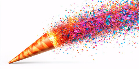 A vibrant image of a party cone exploding with colorful confetti,