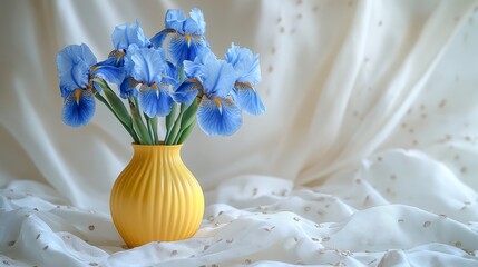 Wall Mural - blue irises in a yellow vase on a white background. International Flower Appreciation