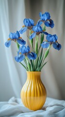 Wall Mural - blue irises in a yellow vase on a white background. International Flower Appreciation