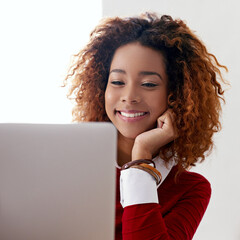 Poster - African woman, journalist and happy with laptop for editing, proofreading and news story in office. Workplace, female person and editor with smile for business article, online blog and publication