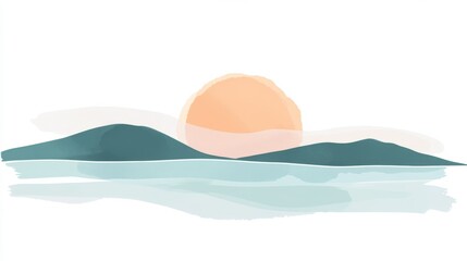 Fototapete - Silhouette of a serene sunrise illuminating rolling hills and calm waters at dawn in a minimalist artistic style