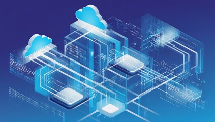 Multiple cloud icons are illustrated in a modern design, interconnected by lines representing data flow. The background is blue with abstract coding elements, emphasizing technology