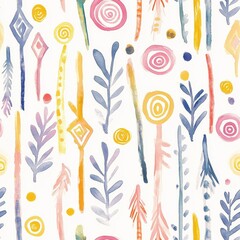 Poster - Whimsical watercolor doodles featuring colorful plant motifs and playful circular shapes on a bright background