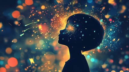 Poster - Vibrant visualization of a child glowing with cosmic patterns in a colorful backdrop at night