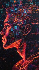 Poster - Vibrant depiction of a man's profile filled with colorful digital elements representing creativity and imagination