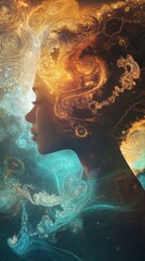 Aufkleber - Surreal representation of a glowing woman with vibrant colors and intricate patterns in a dreamlike setting