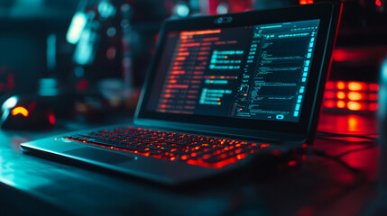 Modern laptop with red backlit keyboard coding screen blue dark work code data glow light cyber night