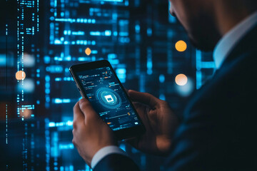 Businessman using smartphone with data security interface modern technology web blue dark hand coding
