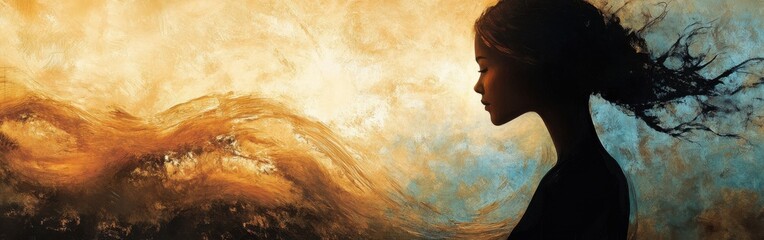 Leinwandbilder - Woman exudes serenity against a vibrant, abstract background in an artistic portrayal of calmness and beauty