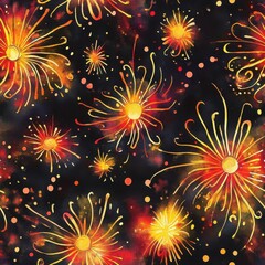 Fototapete - Colorful watercolor doodle art featuring radiant swirling shapes on a dark background