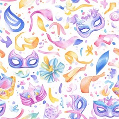 Aufkleber - Colorful watercolor doodle of playful masks and ribbons conveying a festive atmosphere