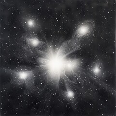 Poster - Cluster of glowing celestial objects illustrated with detailed pencil strokes in a starry night