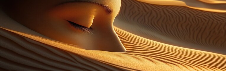 Poster - Mystical profile of a serene man resting within flowing sands during golden hour light in a desert landscape