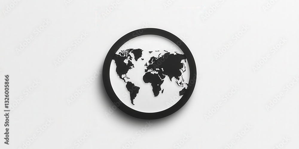 Circular black-and-white world map highlighting vividly defined
