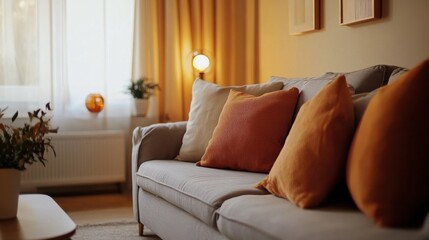 Aufkleber - Cozy living room with warm beige walls and inviting decor for relaxation and comfort