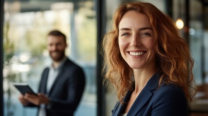Aufkleber - Confident businesswoman engaging in lively conversation with colleague in modern office setting during a bright afternoon