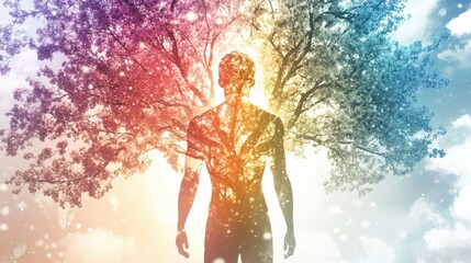 Aufkleber - Man glowing with vibrant colors symbolizing connection to nature and inner energy in a surreal landscape
