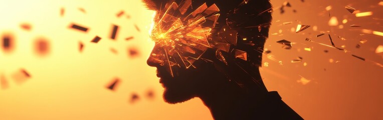 Aufkleber - Man with glowing head surrounded by shards of light in a surreal landscape at sunset