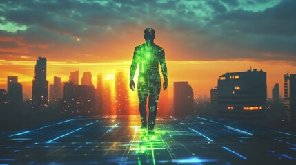 Poster - Man glowing with digital patterns stands against a sunset skyline in a futuristic urban environment