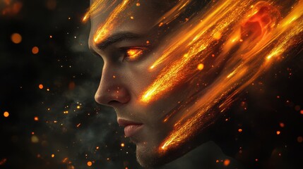 Aufkleber - Conceptual representation of a man's face illuminated by fiery elements in a dramatic, artistic display