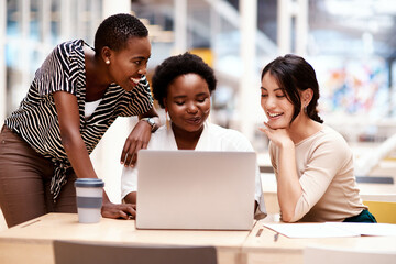Poster - Creative, laptop and group in office, happy and ideas for project, women and publisher with email. Online, people and smile for feedback, discussion and collaboration for ebook, teamwork and agency