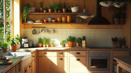 Aufkleber - Bright kitchen in an eco-friendly house filled with indoor plants and natural light