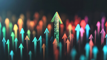 Colorful Binary Code Arrows Representing Data Growth and Digital Progress in Technology