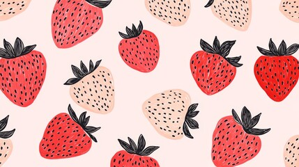 27.A creative strawberry pattern in a doodle style, with simplified shapes and artistic textures. The design includes subtle variations in size and orientation, set against a muted pink backdrop.