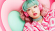 © Axel Bueckert - trendy young asian woman with colorful hair, girly headphones and futururistic fashion in pastel pink and green candy color