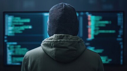 cyber attack encryption exploit, Person in a hoodie observing computer code on a screen in a dark environment.