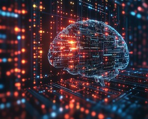 Fototapete - Futuristic brain hologram with flowing data lines, digital connections, and data visualization on a techdriven background, showcasing AIpowered technology in 3D