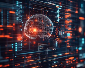Aufkleber - Futuristic brain hologram with flowing data lines, digital connections, and data visualization on a techdriven background, showcasing AIpowered technology in 3D