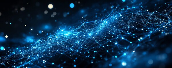 Poster - Hightech 5G network concept with luminous blue text, connected digital lines, and a futuristic dark backdrop, emphasizing seamless communication and fast data transfer