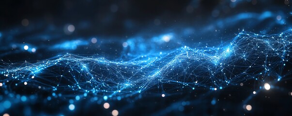 Poster - Hightech 5G network concept with luminous blue text, connected digital lines, and a futuristic dark backdrop, emphasizing seamless communication and fast data transfer