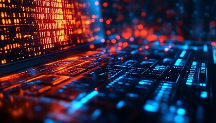 Leinwandbilder - Office desktop closeup with a laptop, glowing AI hologram, and binary code on a blurred background, showcasing technology, artificial intelligence, and digital programming