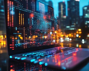 Aufkleber - Office desk closeup with laptop, glowing AI hologram, and binary coding overlay on a blurry background, double exposure representing AI, technology, and programming