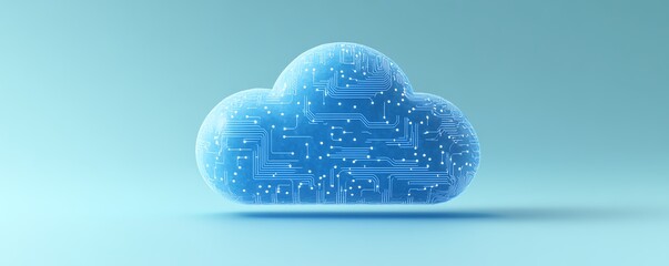 Fototapete - 3D rendered blue cloud computing icon with circuit patterns, placed on a light blue background, symbolizing digital infrastructure and networked technology