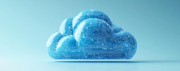 Fototapete - 3D rendered blue cloud computing icon with circuit patterns, placed on a light blue background, symbolizing digital infrastructure and networked technology