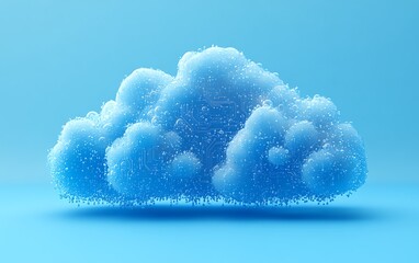 Fototapete - 3D rendered blue cloud computing icon with integrated circuit design, set against a light blue background, representing cloud technology and data processing