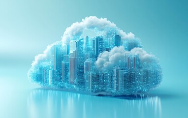 Fototapete - 3D rendered blue cloud computing icon with integrated circuit design, set against a light blue background, representing cloud technology and data processing