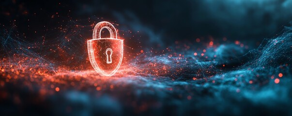 Poster - 3D rendering of a digital padlock and shield symbolizing data protection, surrounded by a digital fog, with a hightech abstract dark background for security