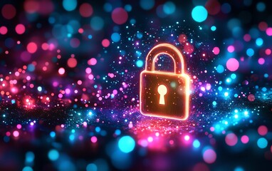 Leinwandbilder - Advanced cyber protection concept featuring a padlock shield for information privacy, illuminated by soft neon glows in a dark, abstract digital environment