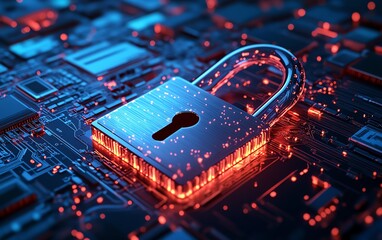 Leinwandbilder - Advanced cyber protection concept featuring a padlock shield for information privacy, illuminated by soft neon glows in a dark, abstract digital environment