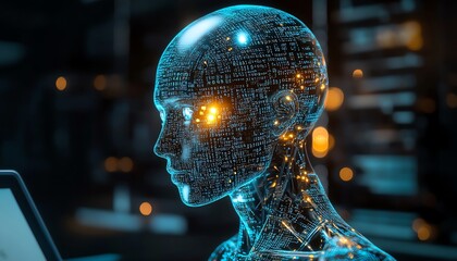 Leinwandbilder - Closeup of office desktop with laptop, glowing blurry AI hologram, and binary coding on a blurry background, double exposure, representing artificial intelligence and programming