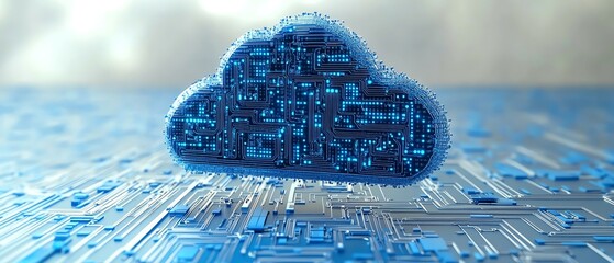 Fototapete - Cloud computing concept with a blue icon and circuit design, 3D rendering on a light blue background, illustrating modern digital solutions and connectivity